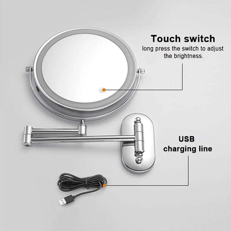 8 inch Wall Mounted Makeup Mirror Chrome 3X-10X Magnifying 3 color LED light Double Side Bathroom Smart Shaving Cosmetic Mirrors
