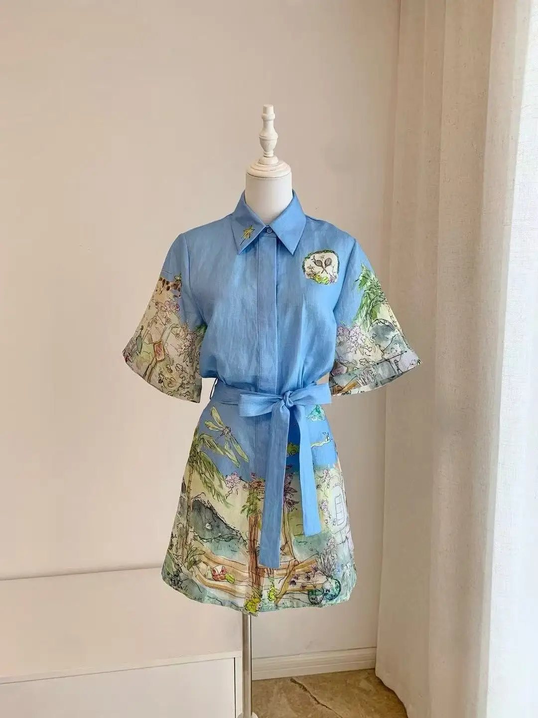 Abito camicia a maniche corte da donna Stampa moda casual con mini abito con cintura in vita 2025 Nuovo stile