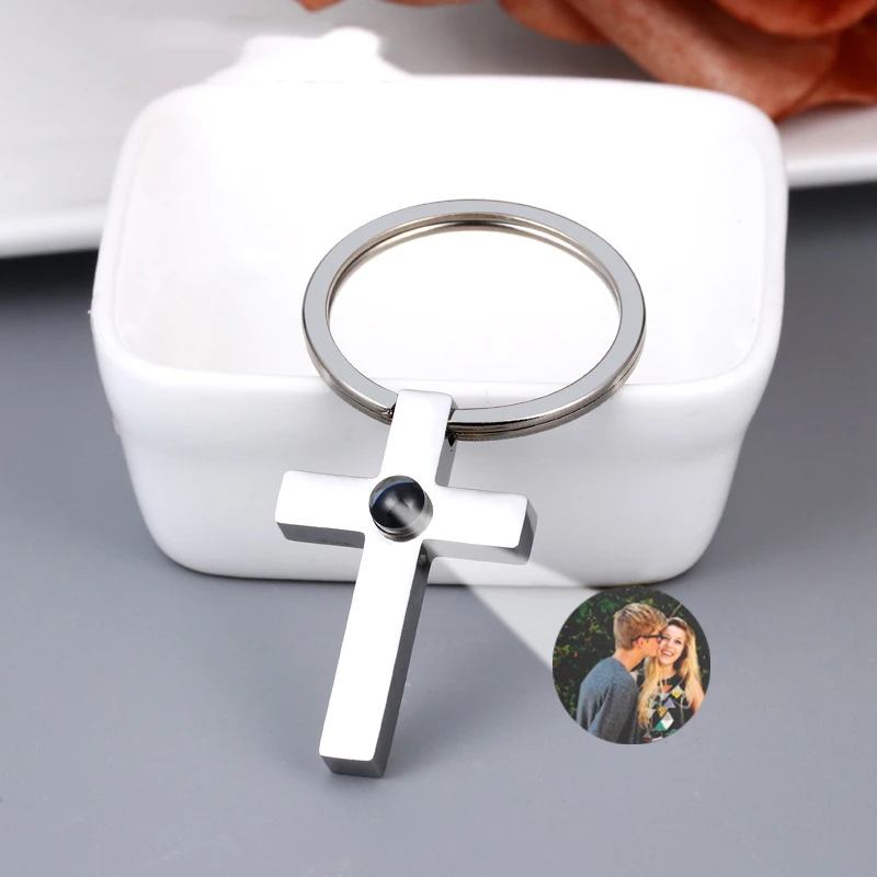 Personalized Photo Projection Keychain Cross Stainless Steel Custom Picture Key Ring Custom Memorial Gifts for Men Women Girls