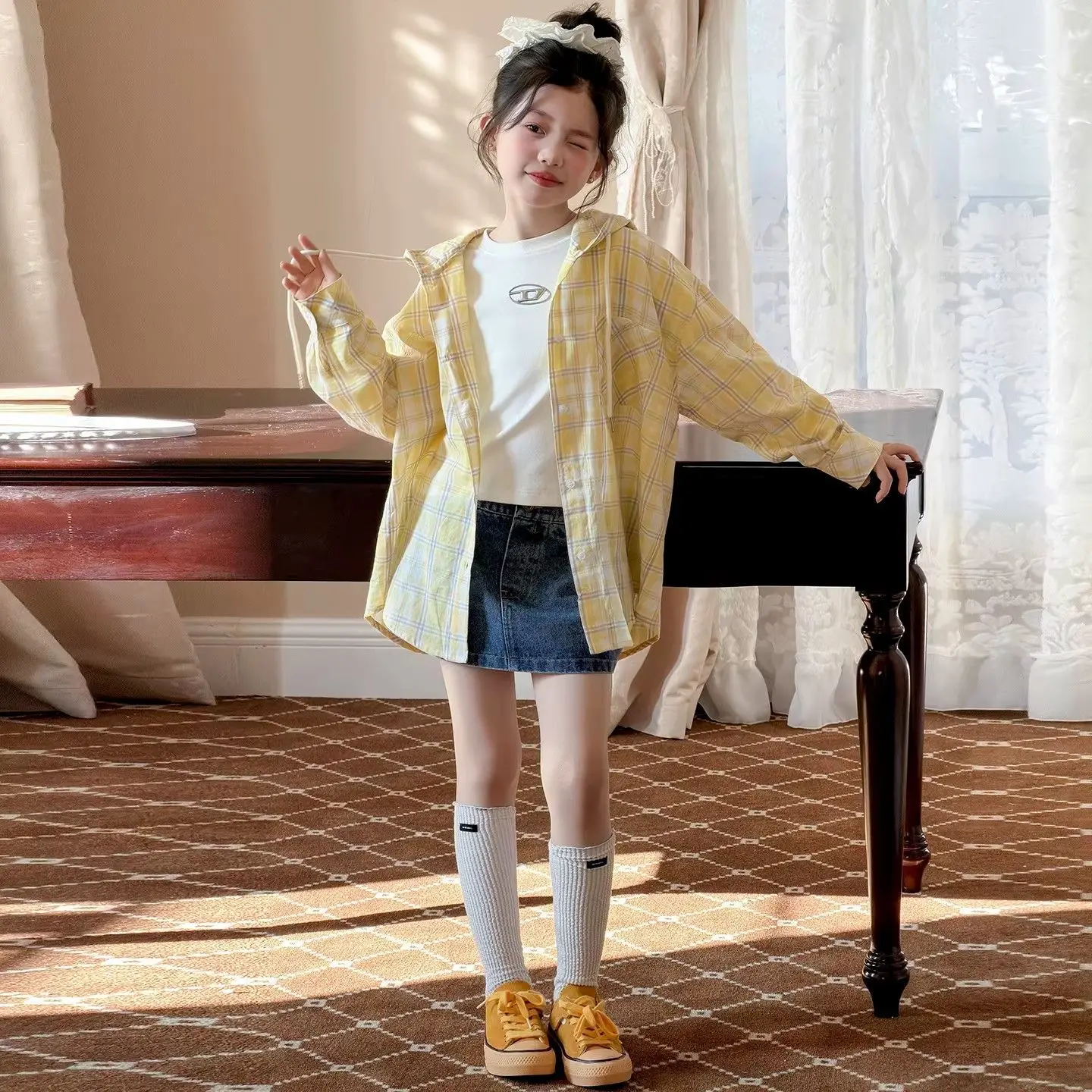 2026 Girls Plaid Hooded Shirt Spring Summer Korean Style Long Sleeve Sun Protection Top Kids Fashion Blouse