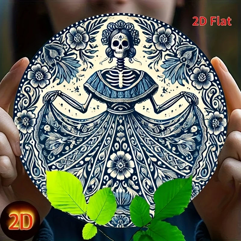 2D Flat, Day of the Dead & Cinco de Mayo Sugar Skull Wreath Sign - Round Metal Wall Decor with Vibrant Floral & Skeleton Design