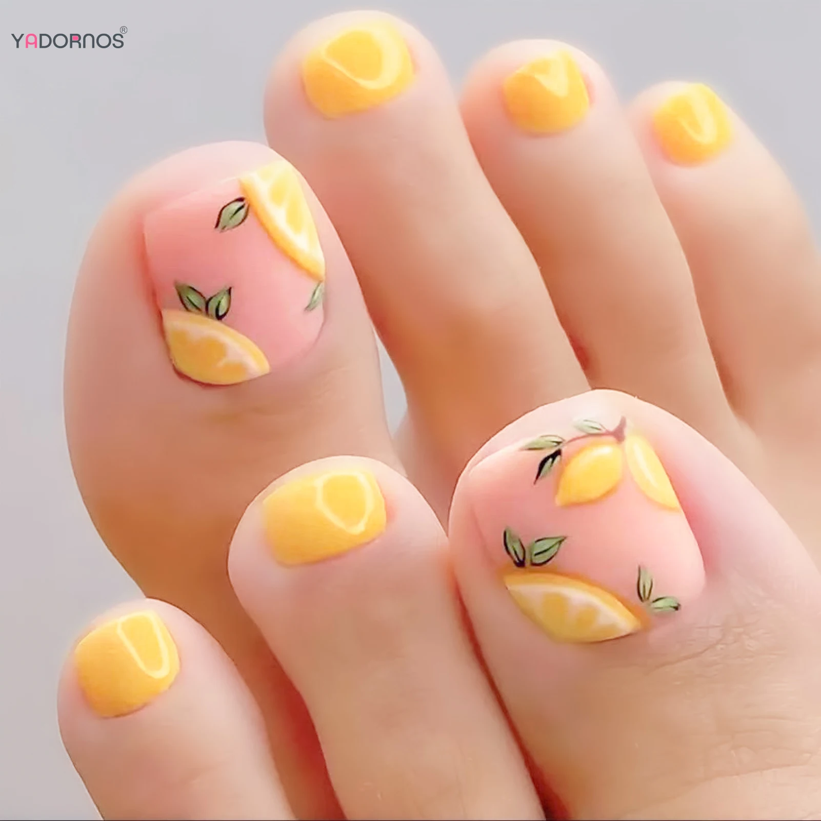 

24Pcs Summer Fake Toenails Yellow Lemon Printed Nude Color Press On Toe Nails Women Girls Barefoot Decor Stick-on False Nails