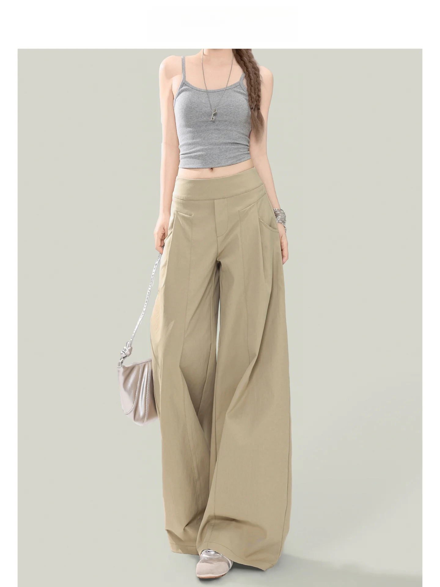 Pantalones casuales de cintura alta y corte holgado para mujer, pantalones largos de pierna ancha con forma de pera, Forever 21, color caqui, sensación holgada y versátil