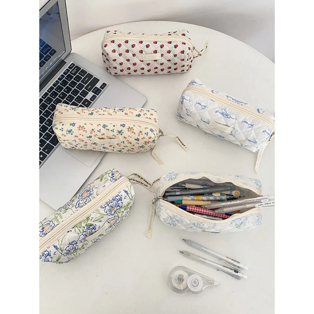 Cute Pencil Case Simplicity Korean Chic Floral Pencil Pouch For Girl Soft Cotton High Capacity Stationery Storage Bag For School