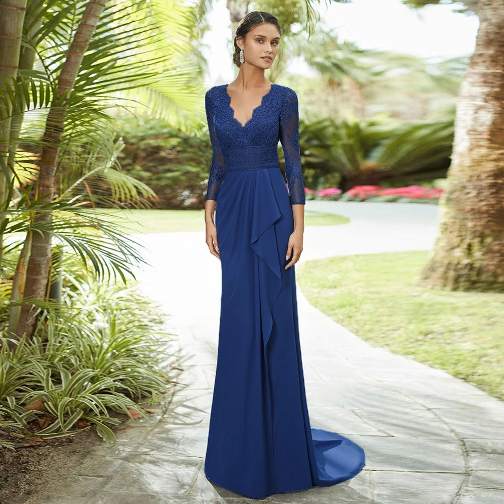 Classic Blue Mother of the Bride Dresses V Neck Long Sleeves Lace Appliques Wedding Party Gowns Illusion Chiffon Floor-Length