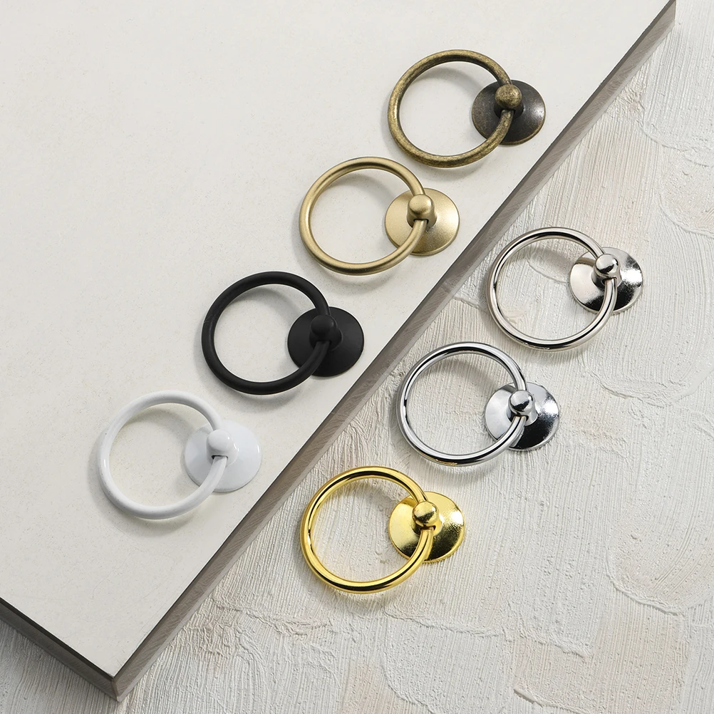 

6Pcs Black Single Hole Door Handles Zinc Alloy Iron Retro Circular Pull Ring for Cabinet Drawer Dresser Wardrobe Furniture