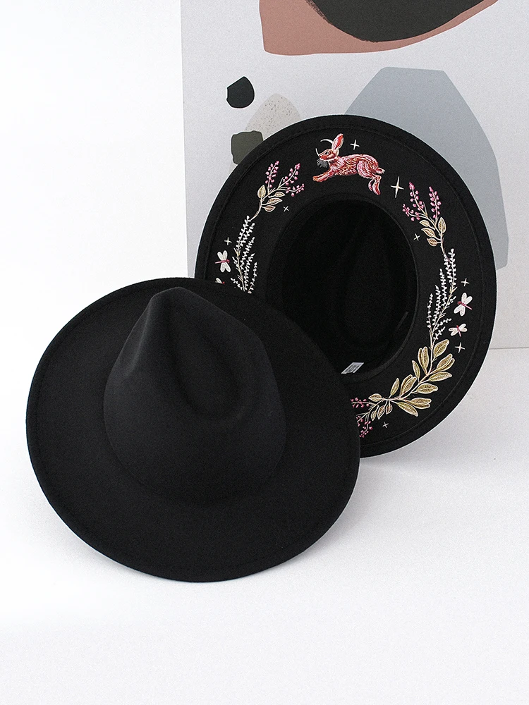 Gothic Witch Hat Wide Brim Fedora Hat Rabbit Floral Botanical Black Western Cowboy Hat Witchcore Fairycore Halloween Costume Cap