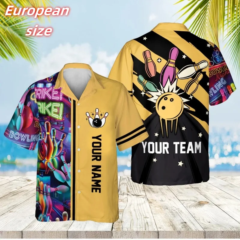 

Bowling Ball Pattern Hawaiian Shirt For Men Customized Name 3D Print Aloha Shirts Summer Loose Lapel Tops Blouses Short Sleeves