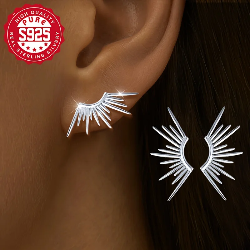 

S925 Silver Sun Ray Design Women's Fashion Earstuds Angel Wings Versatile Fashion Suitable for Daily Wear Personalized Fashion
