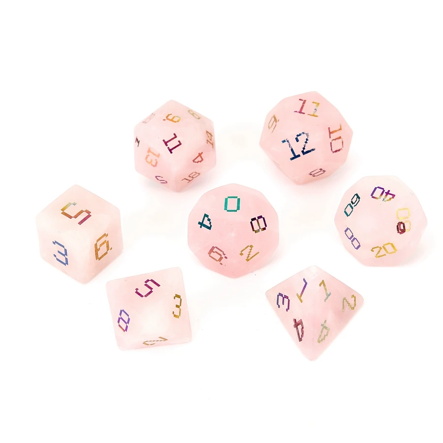 New Natural Rose Quartz Polyhedral DND Crystal Dice Ornaments Jewelry 7 Types Plating Fonts To Choose From Accept Custom