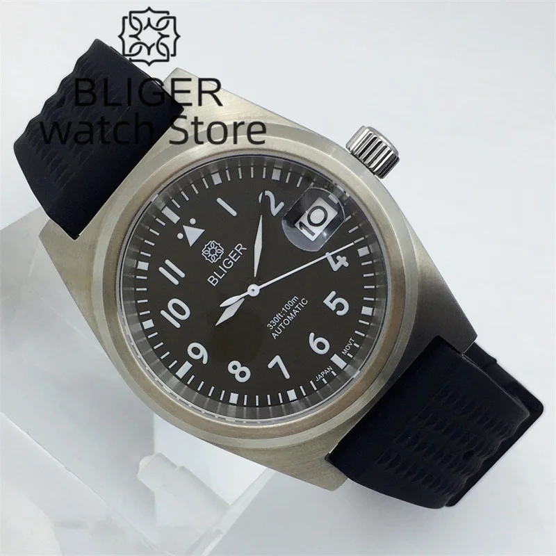 38mm BLIGER Brushed Case NH35A PT5000 Automatic Watch For Men Sapphire Glass Black White Blue Green Dial Luminous Rubber Strap