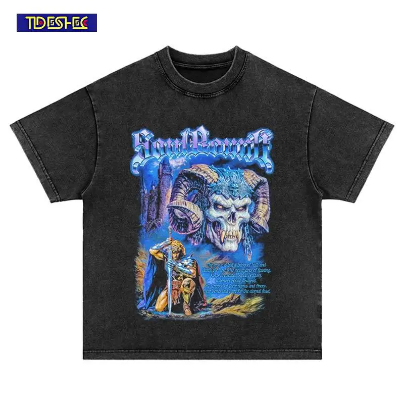 Summer Punk Skeleton Print Short Sleeve Hip Hop Streetwear Harajuku Vintage Pattern Loose Cotton Oversized Washed Casual T-Shirt