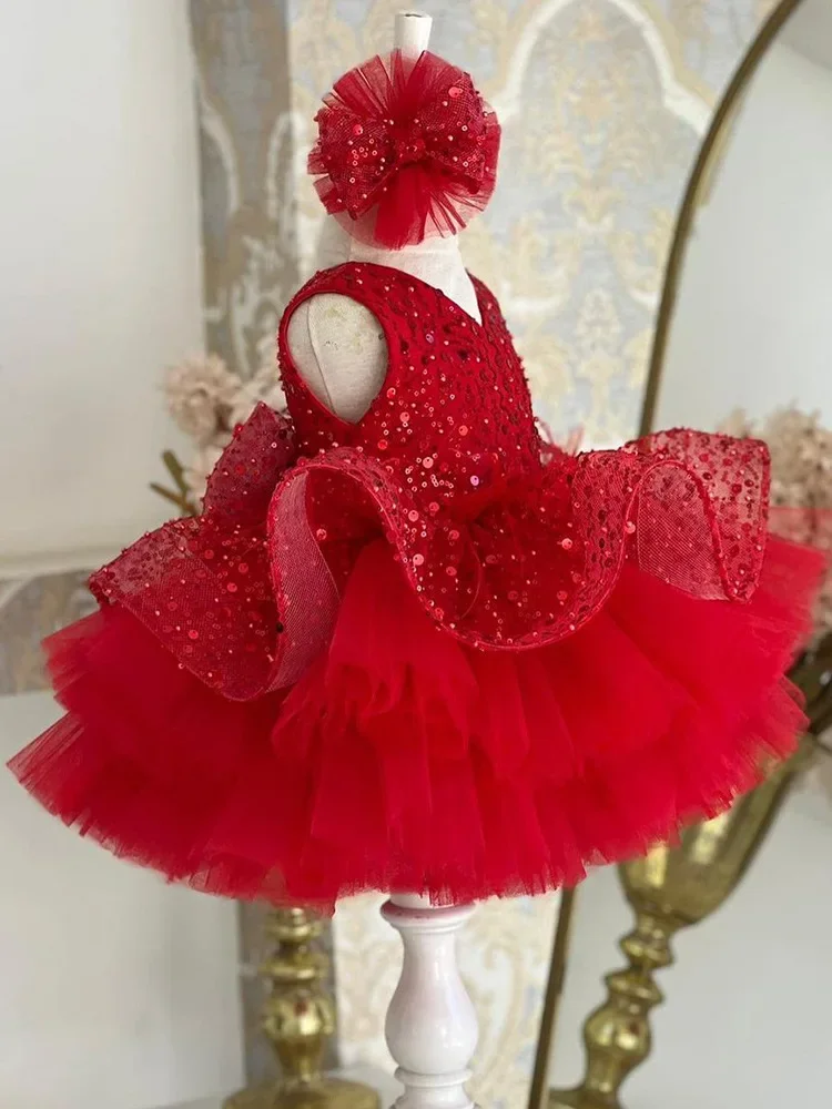 Luxurious Red Baby Girls Dresses Layers Tulle Tiered Infant Girls Birthday Party Gown Christmas New Year Dress Gift 1-11Years