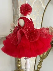 Lujosos vestidos rojos para niñas pequeñas, capas de tul escalonadas, vestido de fiesta de cumpleaños, regalo de Navidad y Año Nuevo, 1-11 años