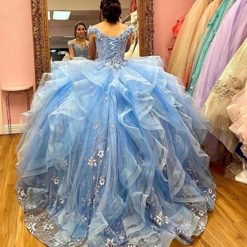 Luxury Light Blue Princess Quinceanera Dresses Prom Robe Beading Applique Ruffle Vestidos De 15 Anos Sweet 16th Birthday Party