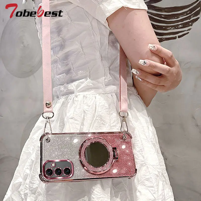 For Samsung Galaxy A16 A26 A36 A56 A06 A15 A25 A35 A55 A14 A24 A34 A54 4G 5G Case Crossbody Lanyard Plating Mirror Holder Cover - náhled 4