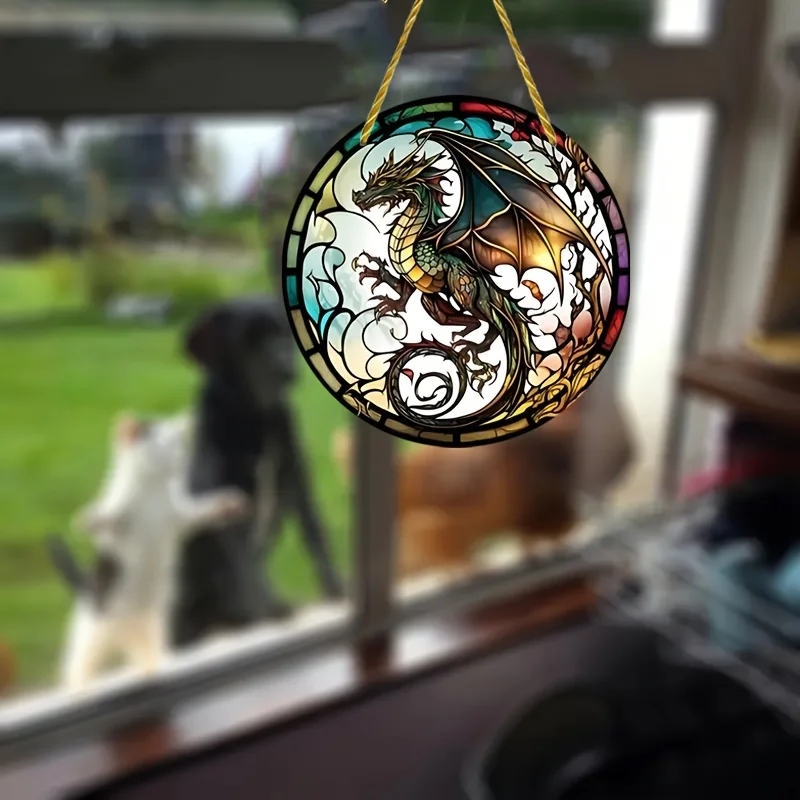 1PC Dragon Suncatcher Wall Sign Round Dyed Acrylic Wall Art Hanging Plaque Pendant For Festival Window Yard Gardene Room Decor