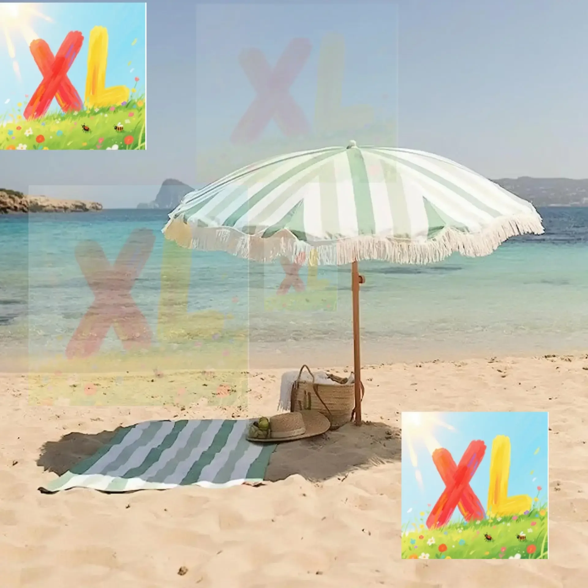 

New outdoor sunscreen green striped fringed beach umbrella seaside sunscreen umbrella courtyard umbrella photo props parasol