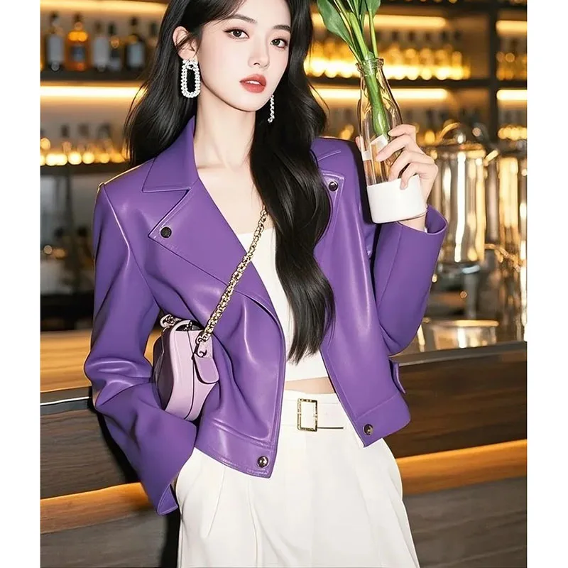 

Новое модное тонкое высококачественное пальто из искусственной кожи с длинными рукавами для автомобиля, шикарная повседневная куртка 2025 года, женская верхняя одежда, весна-осень