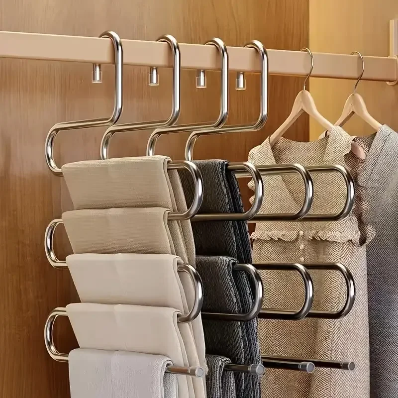 5-Tier Stainless Steel S-Shaped Hanger – Wardrobe Organizer, Non-Slip No-Mark Pants Hanger for Jeans, Garment Organizer