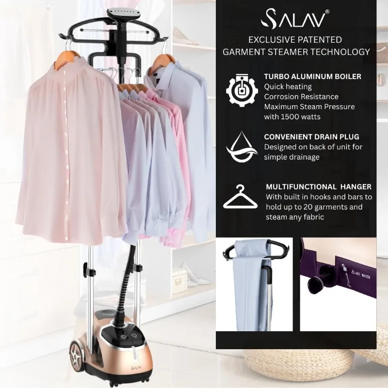 جهاز بخار الملابس المزدوج من سلسلة SALAV Deluxe Professional مع دواسات القدم و3 عبوات إزالة الكالسيفائر، ولوحة من الفولاذ المقاوم للصدأ