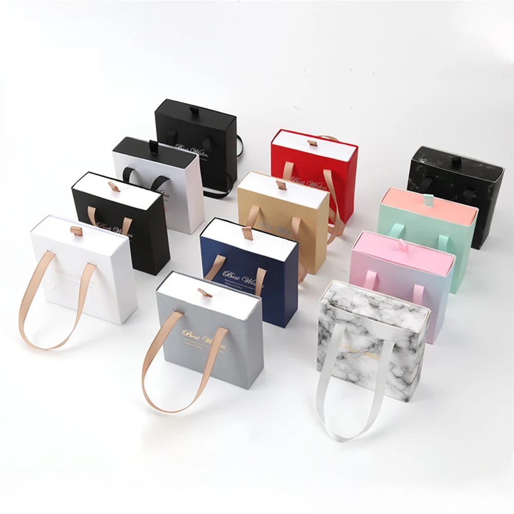 10pcs 10x10x3.5cm Portable Drawer Box With Ribbon Handle DIY Ring Earring Pendant Necklace Perfume Soap Jewelry Packaging Case