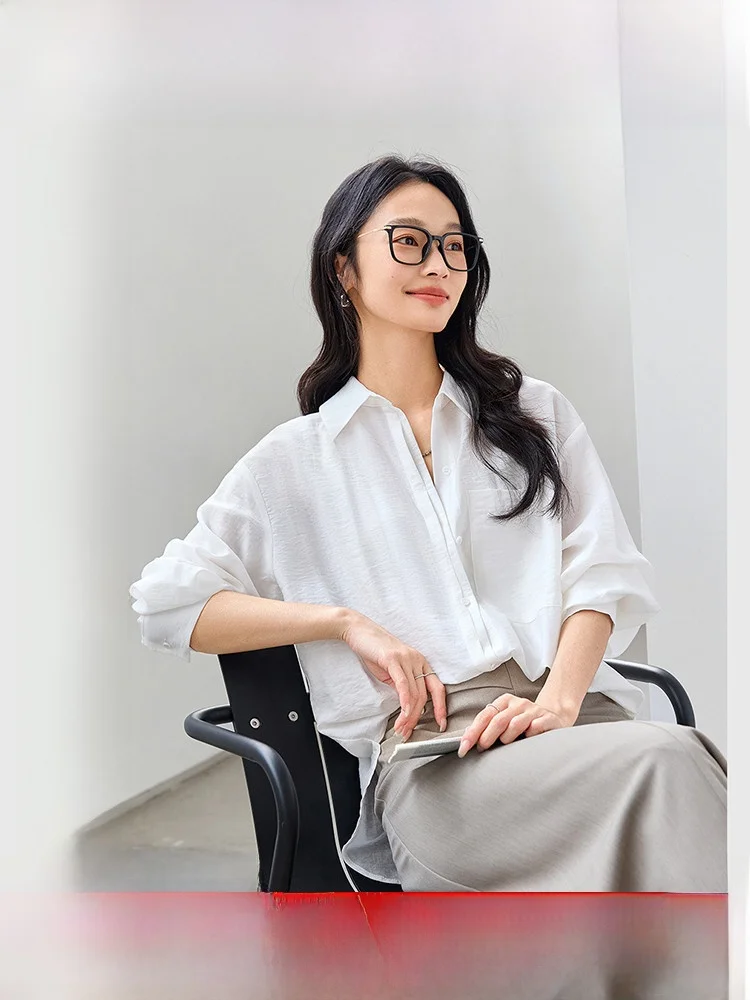 

Белая женская рубашка с длинным рукавом, модная, элегантная, повседневная, на пуговицах, средней длины, однотонная, приталенная