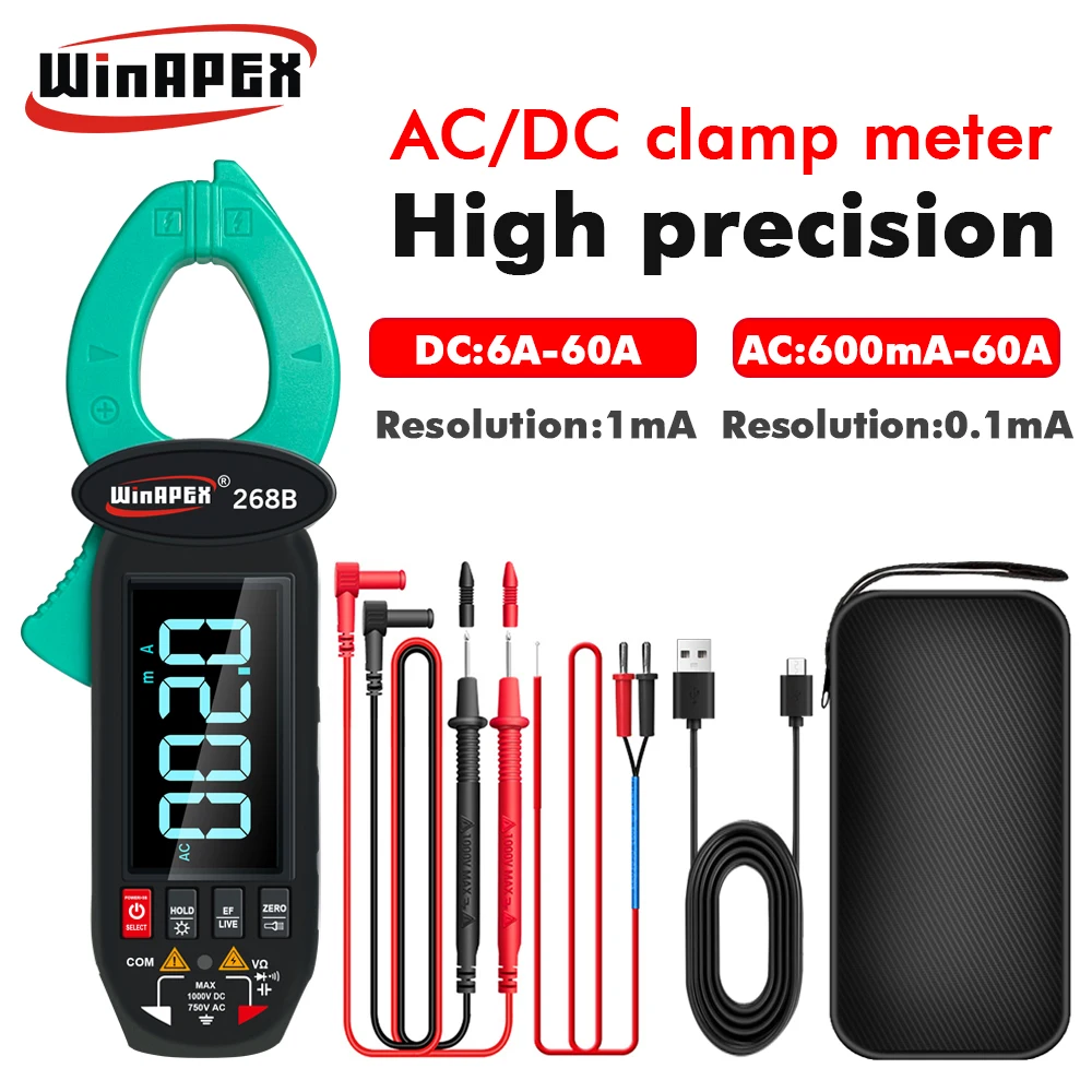 WINAPEX 750V DC AC Portable Clamp Meter AC DC Current Leakage Detection Screen Rotation for Household Circuit Fault Repair