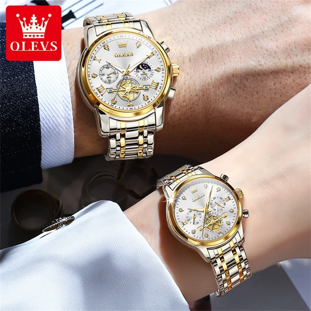 OLEVS Luxury Top Couple Wristwatches Flywheel Design Moon Phase Chronograph Stainless Steel Waterproof Lover's Quartz Watch Hot