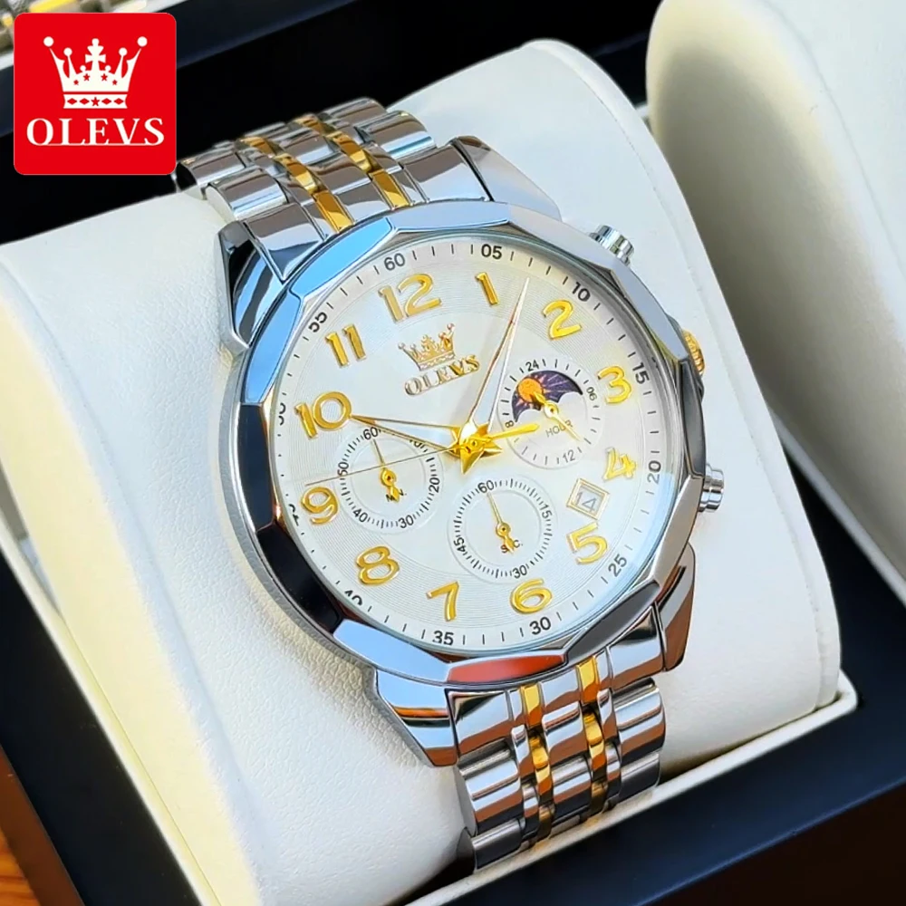 

OLEVS Men's Watches Business Luxury Stainless Steel Chronograph Original Brand Wristwatch for Man Waterproof Moon Phase Date