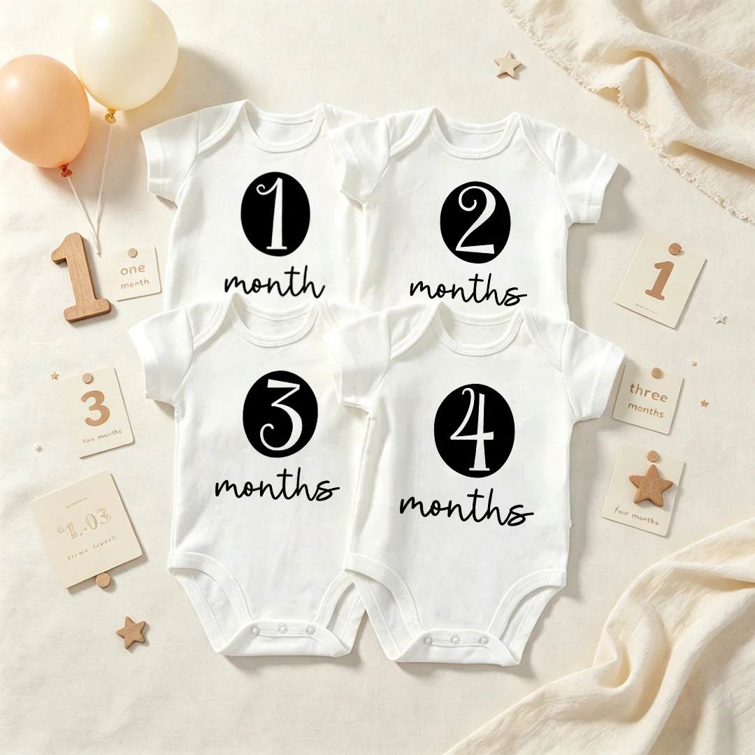 Baby Monthly Milestone Bodysuit 1-12M Cotton Short Sleeve Onesie Newborn Month Record Photo Shoot Outfit Photography Prop