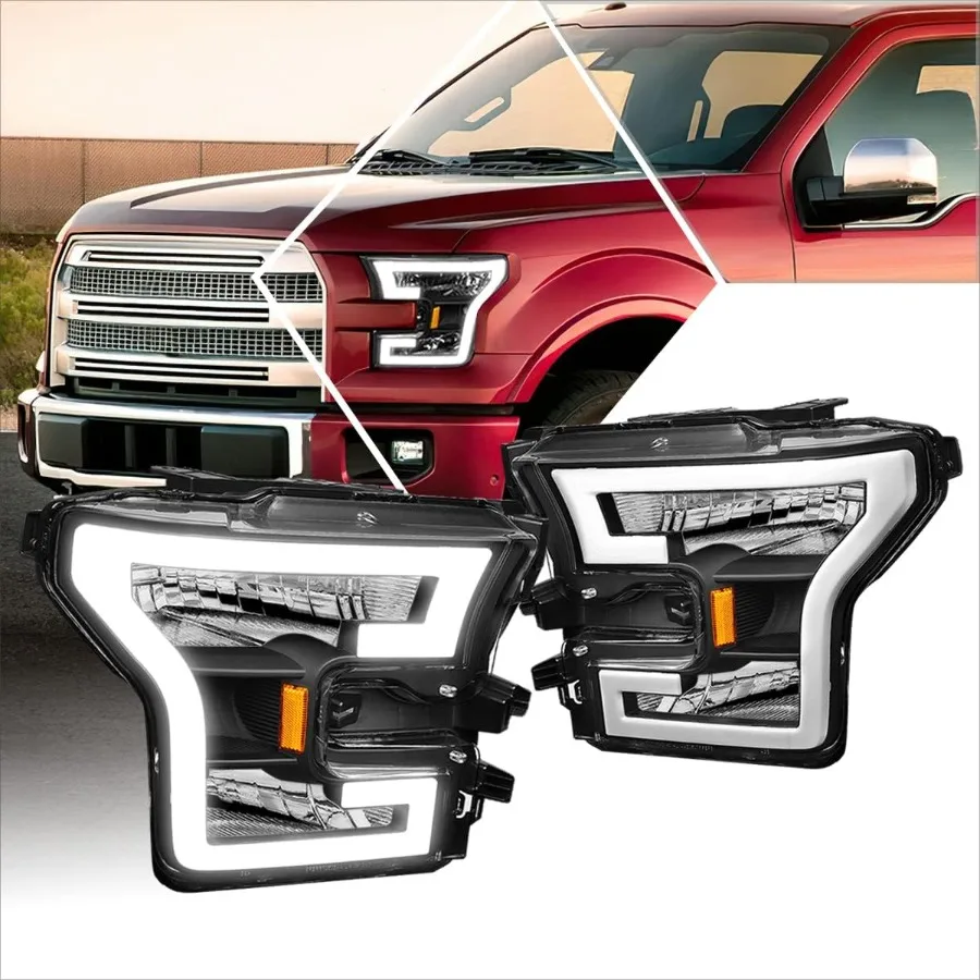 

Светодиодные фары DRL (фары) в сборе, совместимый с F150 2015-2017, черный корпус/янтарный угол