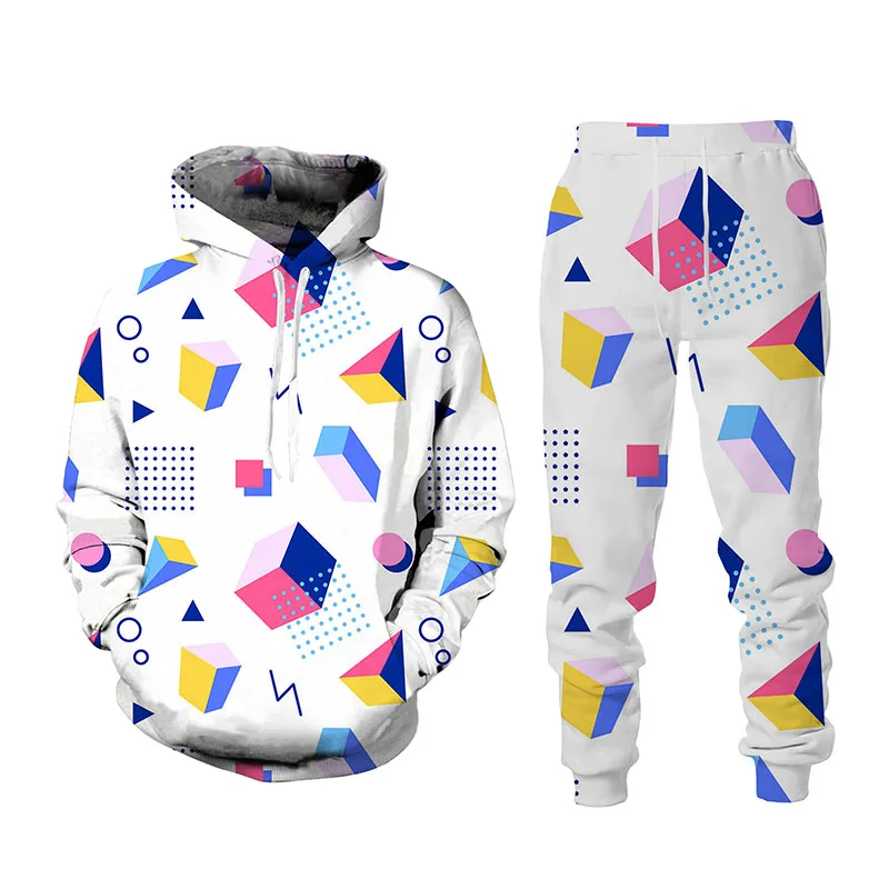 

Spring And Autumn Fashion Men Tracksuit 2 Piece Hip Hop Tops and Pants Male/Female Sweat Suits Fun Geometry Print Hoodies Suits