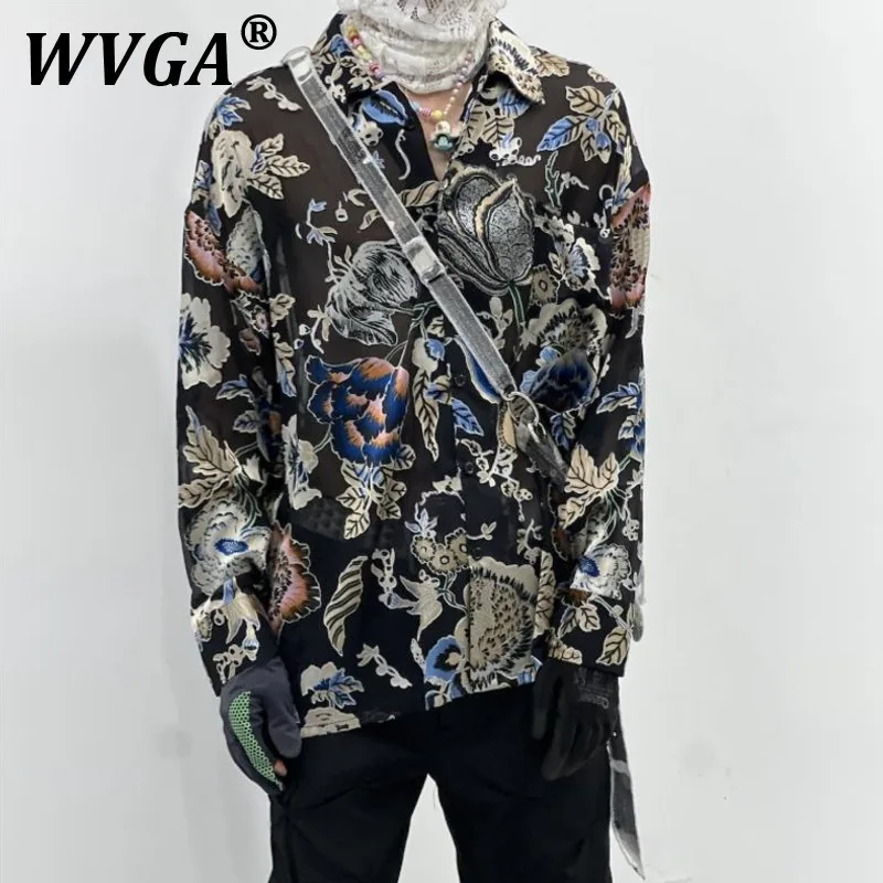 

WVGA Летние новые мужские рубашки с принтом High Street Модные рубашки с длинными рукавами Нишевые шикарные повседневные искусственные топы из двух предметов Ins W10017