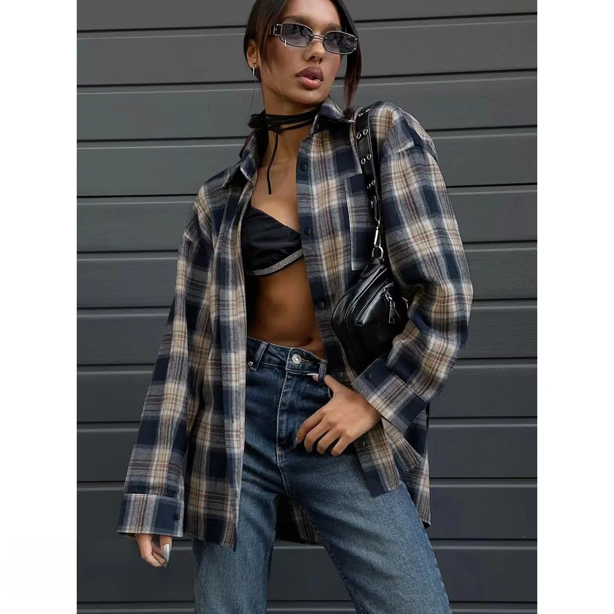 

New Retro Plaid irt Loose Casual Collar Versatile Faion Women's Long Sve Button up Mid-Length Cheered irt