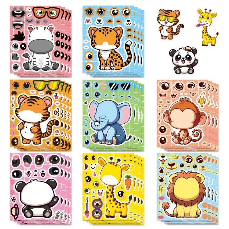 8pcs/Set Animal Cartoon Anime Puzzle Stickers DIY Assemble Game Decal Make A Face Jigsaw Creative Birthday Party Activity Gift