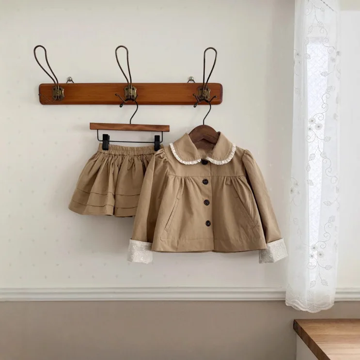 2025 Japanese Girls' Spring and Autumn Cotton Casual Ruffle Collar Jacket, Half Skirt, Children's Forest Two-piece Set