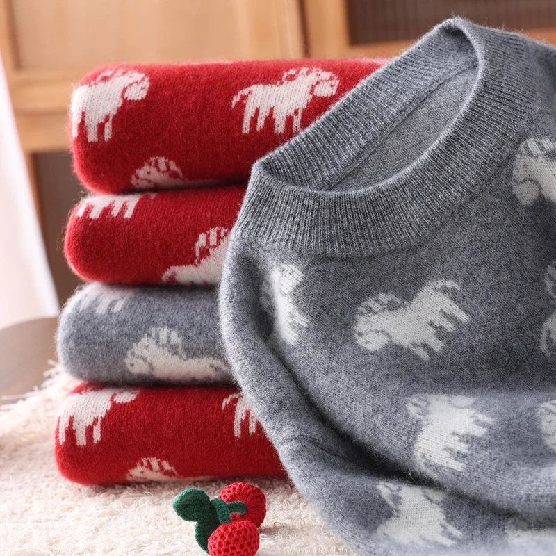 100% Cashmere Sweater Children's Pullover Boys Girls Little horse Pattern Thicken Knitwear Autumn Winter Kids Soft Clothes Tops