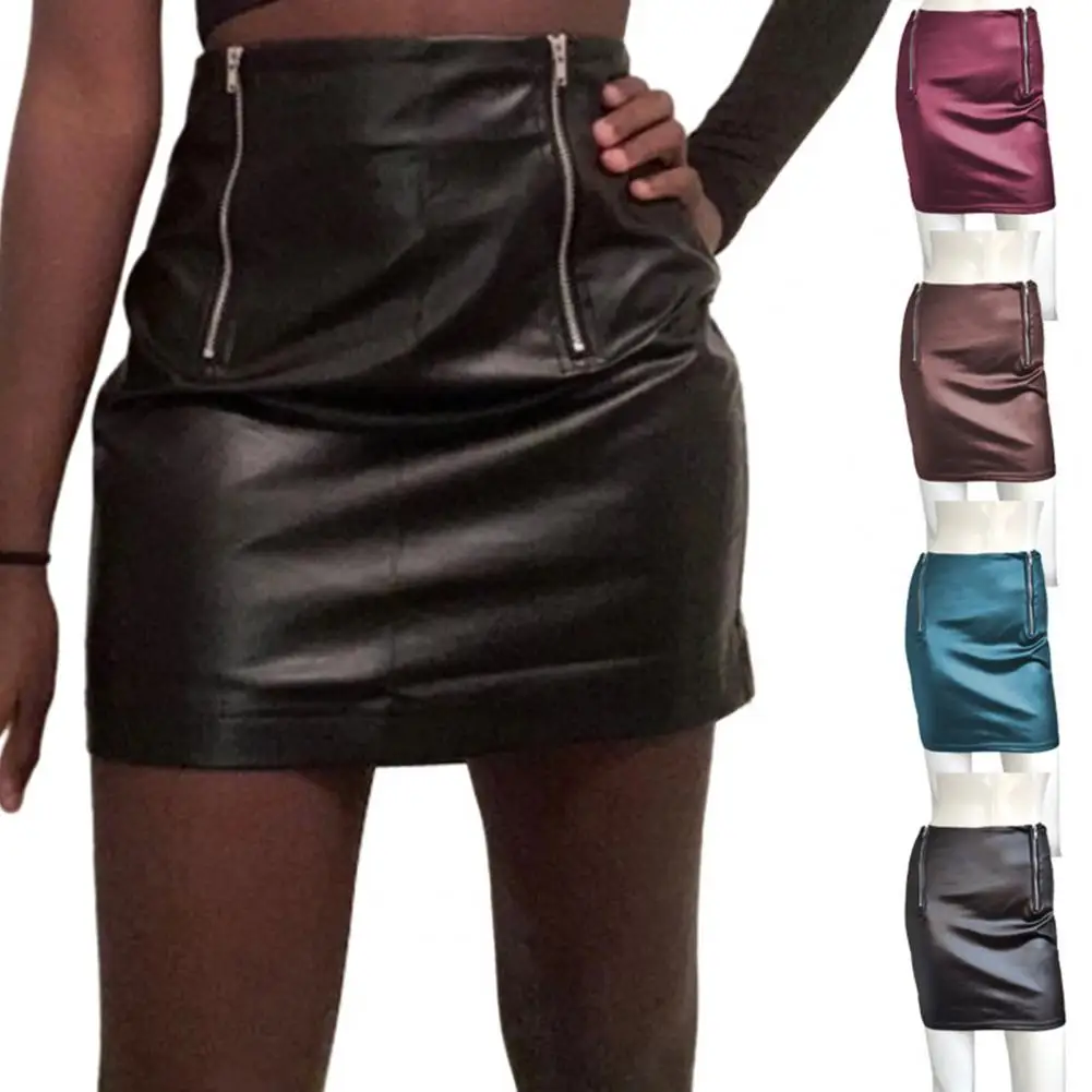 Faux Leather Skirt Women Sexy High Waist Zipper Sheath Slim Above Knee Club Party Mini Skirt PU