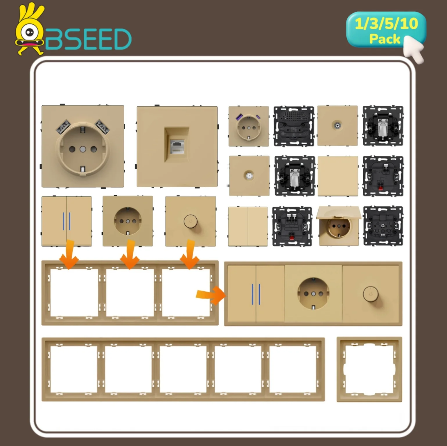 BSEED Button Switch Module USB Phone Charge Socket Parts Wall Light Switch Key Insert Plastic Frame Combination EG Series Gold