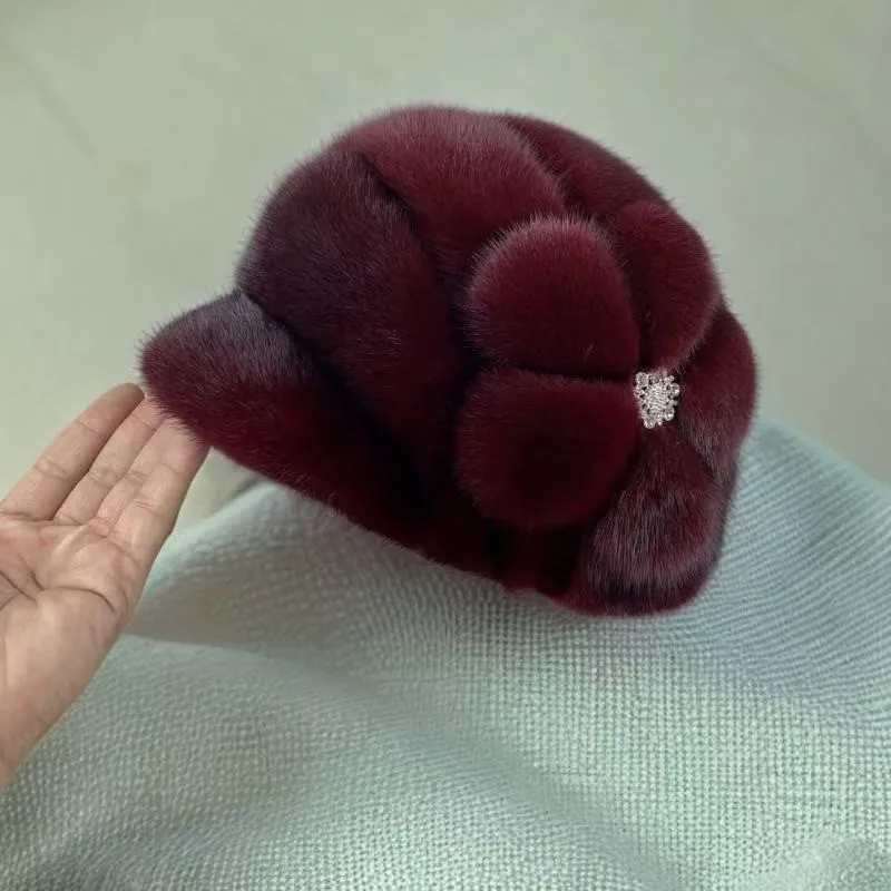 A large flowered lady's leather hat warm and motherly style fur for the elderly lady