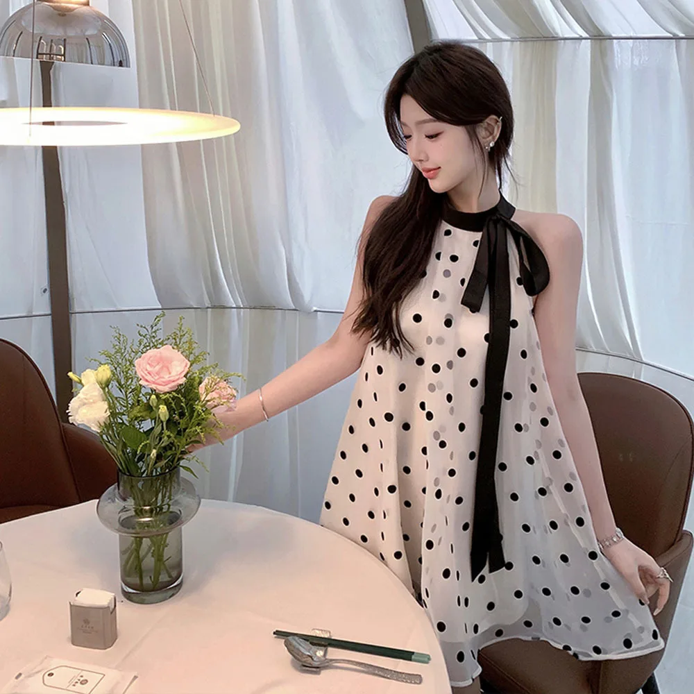 Korean Style Polka Dot Women Dresses Fashion Sweet Halter Vestidos Mujer Summer Loose Sleeveless Dress Ladies Retro Mini Dress