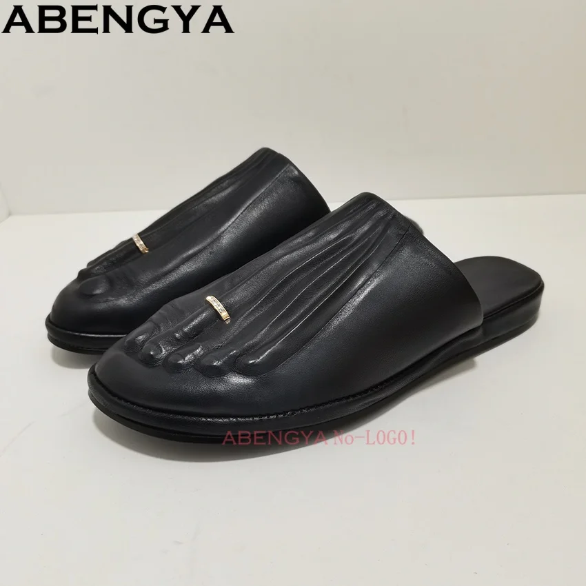 Real Leather Orthotic Toe Shaped Mules Slides Round Toe Flat Shoes Gold Ring Detail Holiday Sandals Punk Street Slippers