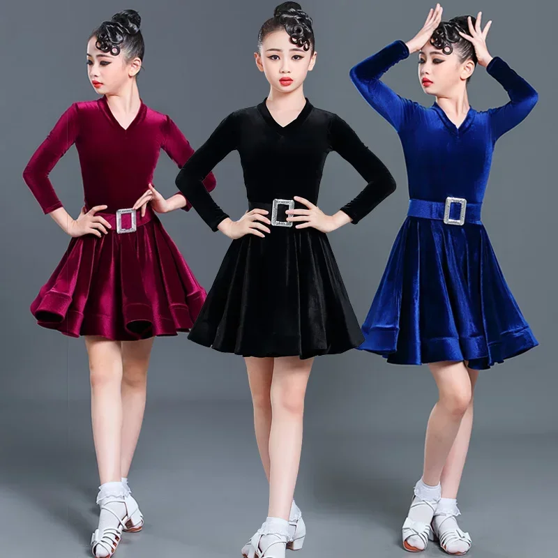 Girls' Latin dress girl show dance dresses girls clothes Children's autumn and winter long sleeve one-piece training clothes