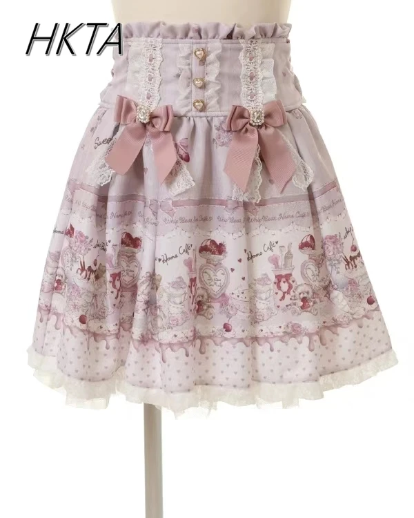 Japanese Style Girls Skirt Cute Bear Printed Back Tie Bow Skirts Lolita Women Rhinestone Bowknot High Waist  A-line Short Skirt