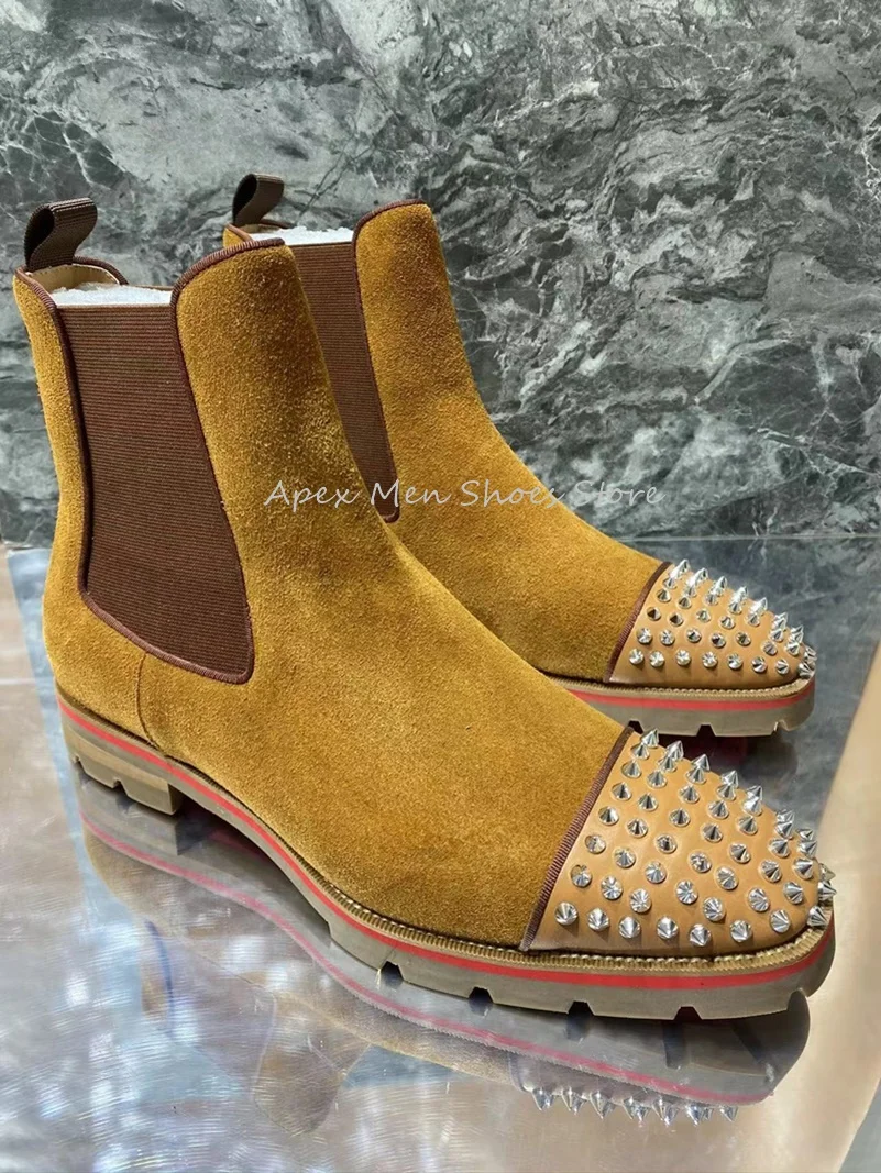 Rendy Round Toe Rivet Men\'s Chelsea Boots Autumn Winter Versatile Low Heel Leather Non Slip Handmade Shoes Vintage Men Boots