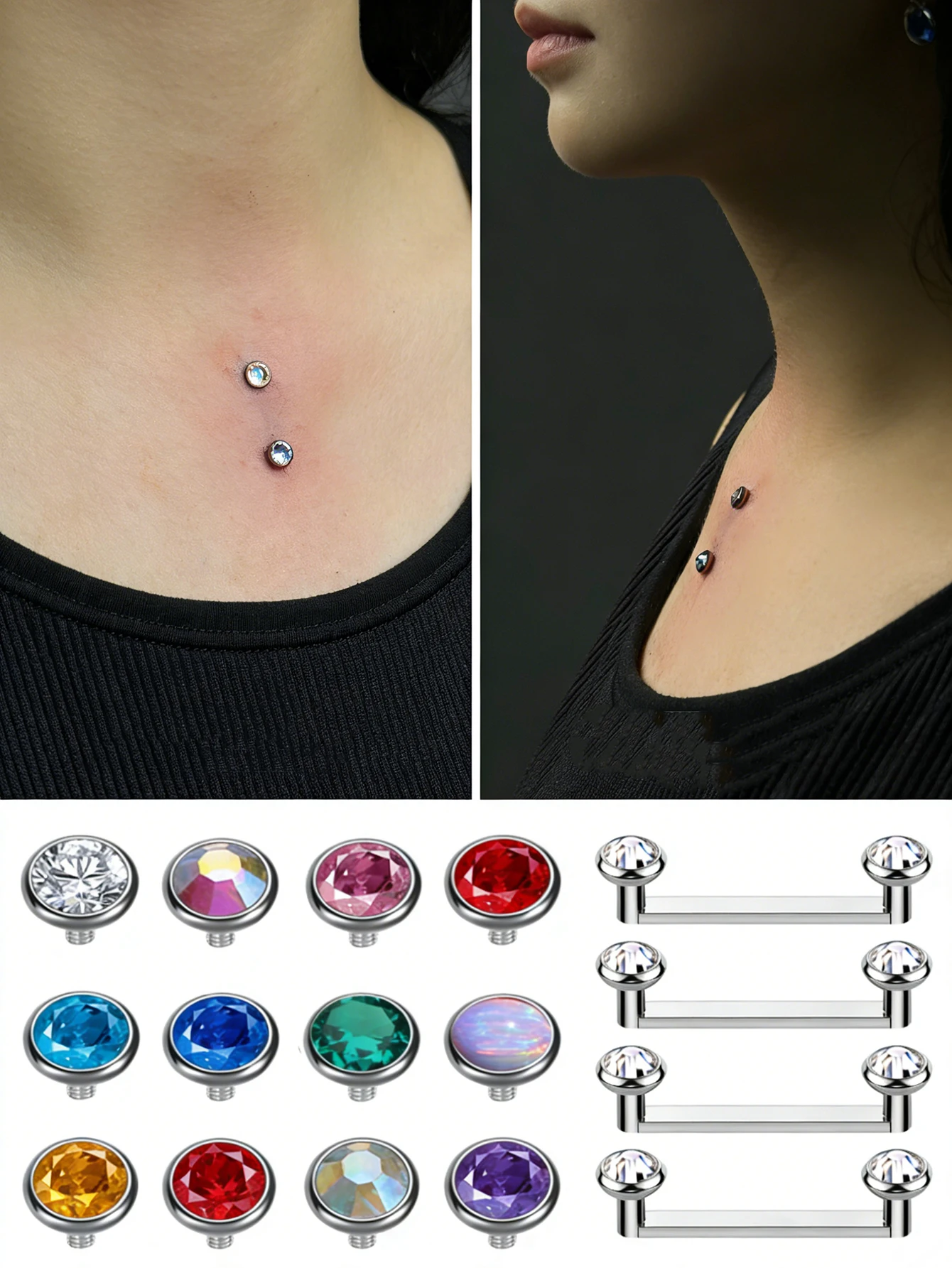 G23 Titanium Flat staple Surface Barbell Piercing Internally Threaded 14G 5mm Flat Bezel Crystal Top Surface Barbell Size