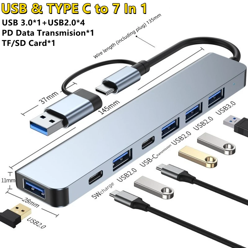 7 Ports USB C 3.0 Type C Hub Expander OTG Adapter Docking Station High Speed Data Transfer For Laptop Hard Drive Mouse Keyboard