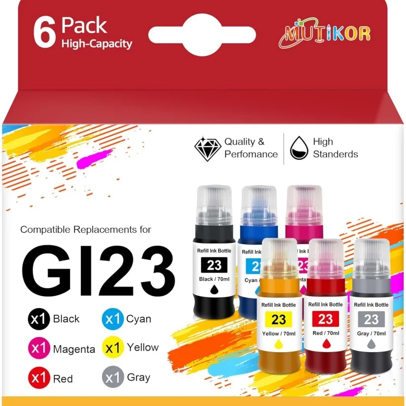 Compatible GI23 Ink Bottle Replacement for Canon GI-23 GI-23BK GI-23C GI-23M GI-23Y GI-23R GI-23GY Ink Refill Work for Canon G62