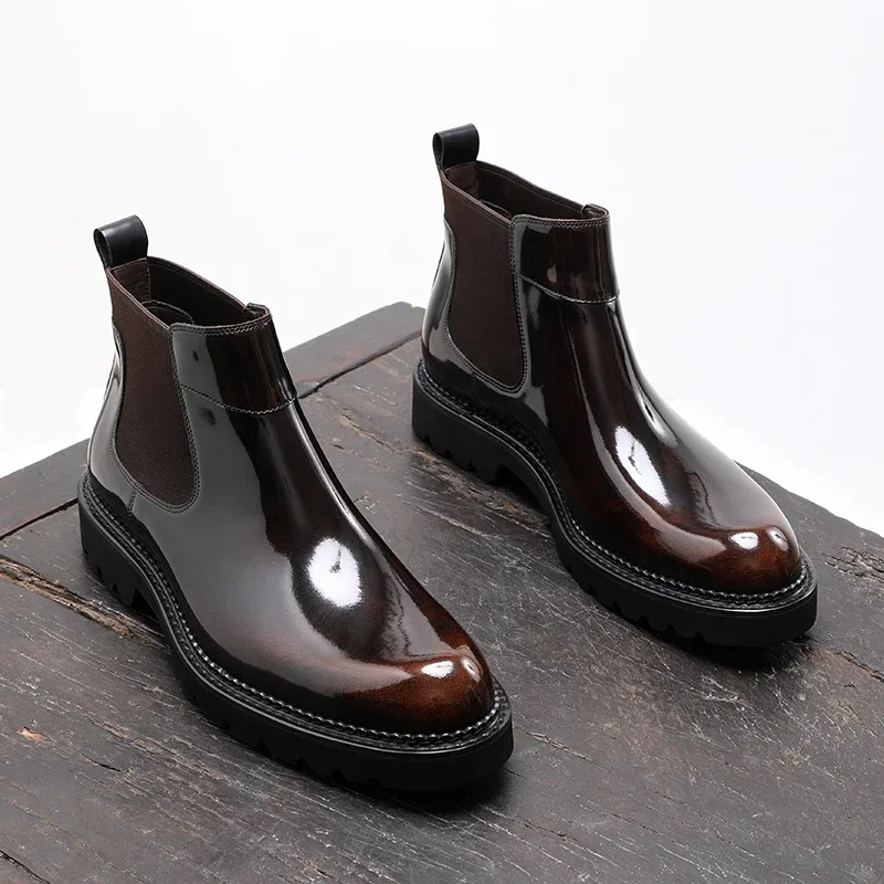 

2024 Autumn New Leather Men's Boots British Style Platform Casual High-top Chelsea Boots Formal Men's Shoes
